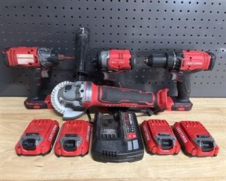 Craftsman Portable Tool Lot w/ 4- V20 Batteries &
Description
Battery Charger
Brush Less Grinder
Impact Drivers
Drill