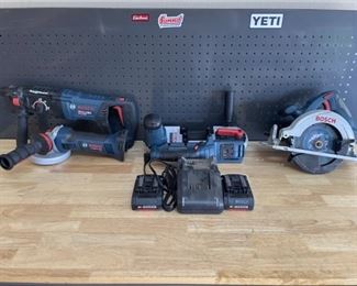 Bosch Cordless Power Tools: Hammer Drill, Band Saw
Grinder
Circular Saw
2- 18 V Batteries 
Charger