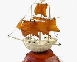 Rare antique Amber and bone hand carved clipper ship