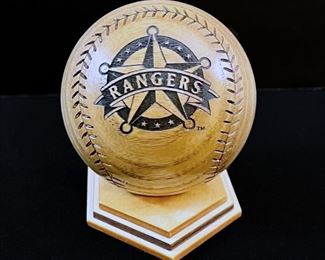 Carved Texas Rangers Wooden Baseball