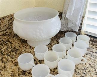 Milk glass Punch bowl Set