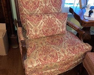 $600 - Pair Louis XV style chairs and ottoman 