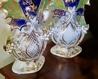 Pair Old Paris Vases Blue and Green  150