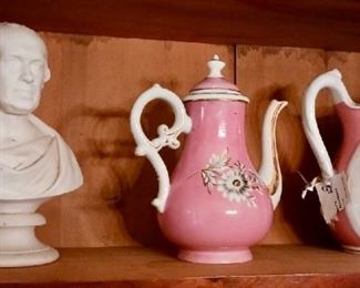 Old Paris Teapot and Pitcher  40 each,  Parian Bust is repaired but good quality 50