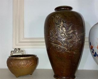 Japanese Bronze Vase  70, Nouveau Brass pot  40
