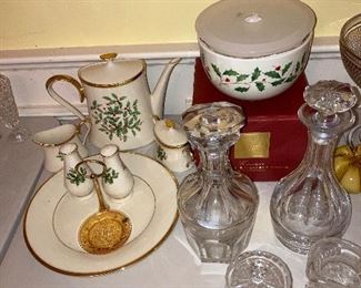 Lenox Holiday 
Coffee Pot $100
Cream & Sugar $100
Salt & Pepper $50
Nesting bowls $20
Lenox Eternal Handled Plate $20 
Waterford Alana 
Creamer  $30
Preserve $20