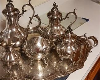 Silver plated coffee service on large tray 