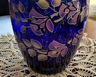 Blue glass raised decor vase
