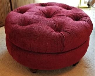 Red La-z-boy round ottoman great for coffee table with a tray or glass you can put on.