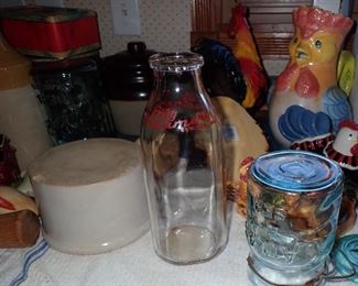 VINTAGE MILK BOTTLES AND BALL JARS - CROCKS