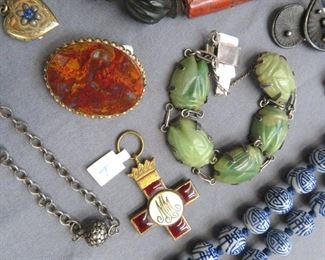 Victorian Agate Brooch, Spanish Order of Military Merit Medal circa 1939, Mexican Sterling Silver and Hardstone Scarab Bracelet and Gold-Filled Heart Locket with Engraved Details