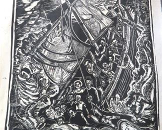 1 of 3 Woodblock Prints Entitled "Haitian Boat People" by Eric Avery 