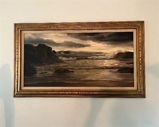 Seaside Oil Painting, Breaking Surf by O.M. Merrill, framed 56" x 32" .  Appraised by Carlsen Gallery Inc for $800