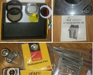 Camera accessories/ Equipment: iFlex shutter, developing tank, developing tanks, tin film canisters, light meters