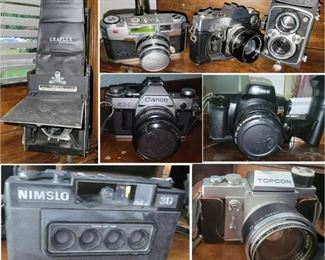 Film Cameras: Graflex large format camera, Nimslo 3D camera, TopCon, Canon AE-1 and EOS Rebel S, Yashica D, Petri (2)