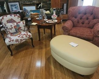 Lovely side chair, wood side table, Oversized tufted chair and leather ottoman