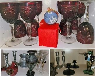 Red stemware - home decor - fun frogs, candles and candlesticks.  Cape code hand-painted ornaments