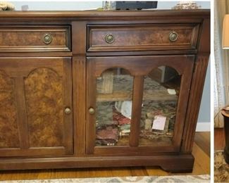 Oval side table, burled wood buffet / media cabinet