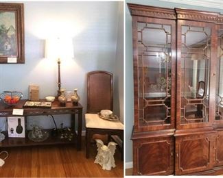 China cabinet and entry table with carved detailing