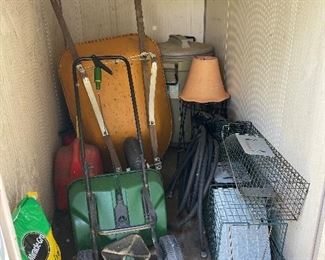 wheelbarrow, traps, spreader