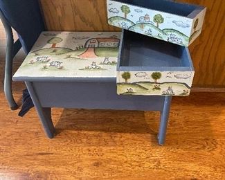 painted Hadley scenes on bench & boxes