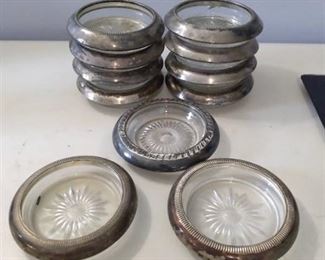 11 Sterling and Glass Coasters - 8 Matching