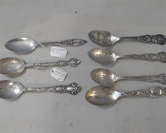7 Sterling Souvenir Spoons - Cities and Landmarks