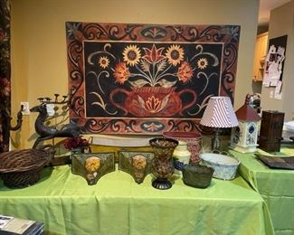  misc decorative pieces, folk art wall tapestry (or could be used as floor rug)