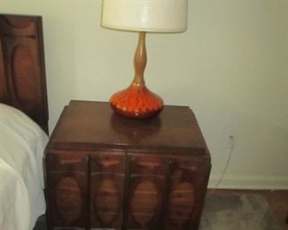 Mid-Century Modern Brutalist Walnut Bedroom Suite with 2 Piece Gentleman's Chest, 2 Night Stands, Long Dresser With Mirror, Queen Bed Frame