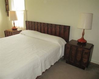 Mid-Century Modern Brutalist Walnut Bedroom Suite with 2 Piece Gentleman's Chest, 2 Night Stands, Long Dresser With Mirror, Queen Bed Frame