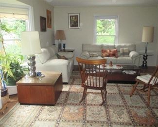 Mid-Century Modern Leather Living Room Sofa Suit ~ George Kovacs Style Chrome Orb Stacked Ball Table Lamps, Rocking Chair, Sofa Sets, Rugs and so much more