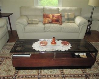 Mid-Century Modern Smoked Glass Top Chrome Accent Coffee Table ~ Leather Living Room Sofa Suit