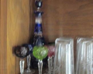 Vintage West German hand cut lead crystal cordial glasses & Decanter