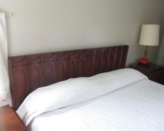 Mid-Century Modern Brutalist Walnut Bedroom Suite with 2 Piece Gentleman's Chest, 2 Night Stands, Long Dresser With Mirror, Queen Bed Frame