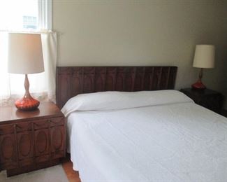 Mid-Century Modern Brutalist Walnut Bedroom Suite with 2 Piece Gentleman's Chest, 2 Night Stands, Long Dresser With Mirror, Queen Bed Frame