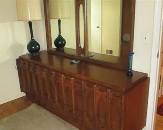 Mid-Century Modern Brutalist Walnut Bedroom Suite with 2 Piece Gentleman's Chest, 2 Night Stands, Long Dresser With Mirror, Queen Bed Frame