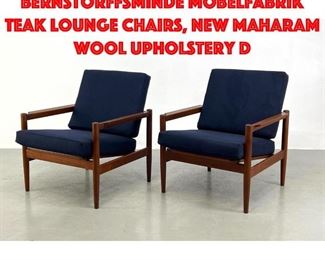 Lot 1 Pair Borge Jensen for Bernstorffsminde Mobelfabrik Teak Lounge Chairs, new maharam wool upholstery D