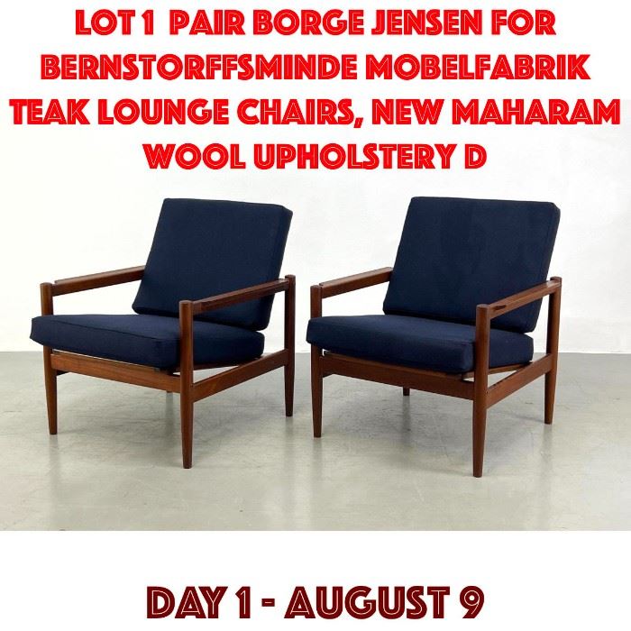 Lot 1 Pair Borge Jensen for Bernstorffsminde Mobelfabrik Teak Lounge Chairs, new maharam wool upholstery D