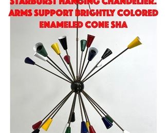 Lot 5 STILNOVO Brass Sputnik Starburst Hanging Chandelier. Arms support brightly colored enameled cone sha