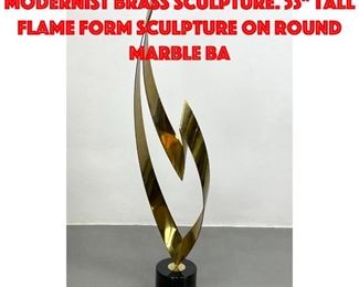 Lot 9 C JERE for ARTISAN HOUSE Modernist Brass Sculpture. 53 Tall flame form sculpture on round marble ba