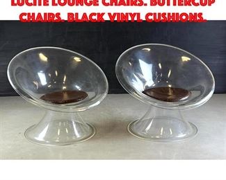 Lot 34 Estelle and Erwin Laverne lucite Lounge Chairs. Buttercup Chairs. Black Vinyl Cushions.