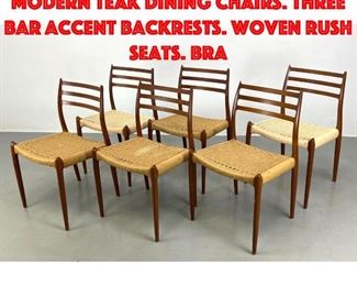 Lot 43 Set 6 J.L MOLLER Danish Modern Teak Dining Chairs. Three bar accent backrests. Woven Rush Seats. Bra