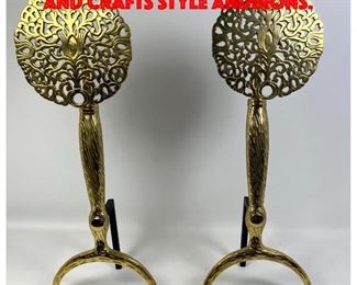 Lot 44 Pr Contemporary Brass Arts and Crafts style andirons.