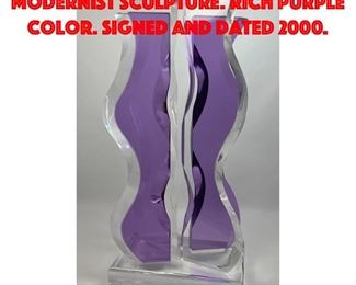 Lot 66 MUNIZ signed Colored Lucite Modernist Sculpture. Rich purple color. Signed and Dated 2000.