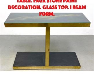 Lot 71 Modernist Hall Console Table. Faux Stone Paint Decoration. Glass top. I beam form.