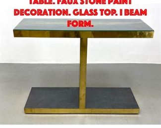 Lot 73 Modernist Hall Console Table. Faux Stone Paint Decoration. Glass top. I beam form.