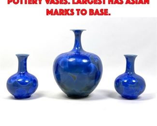 Lot 85 Set 3 Blue Crystalline Glazed Pottery Vases. Largest has Asian Marks to base.