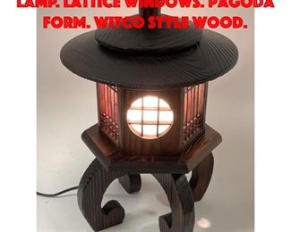 Lot 99 Asian Wood Lantern Table Lamp. Lattice windows. Pagoda Form. Witco style wood.