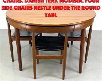 Lot 130 FREM ROJLE Dining Table and Chairs. Danish Teak Modern. Four Side Chairs nestle under the round tabl