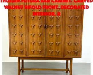 Lot 145 Jorgen Hansen and Jens Thuesen Futura Bar Cabinet. Carved walnut bifold front. Decorated interior. R